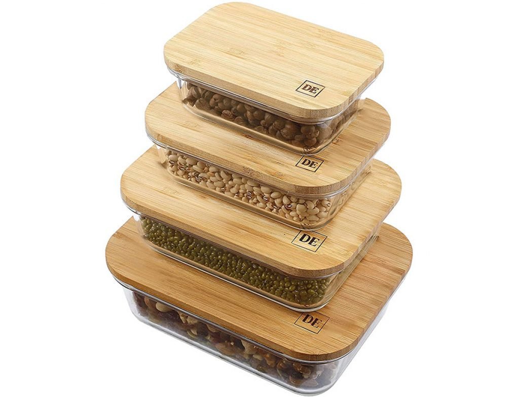 Plastic-Free Glass Food Storage Containers with Eco-Friendly Bamboo Wooden Lids